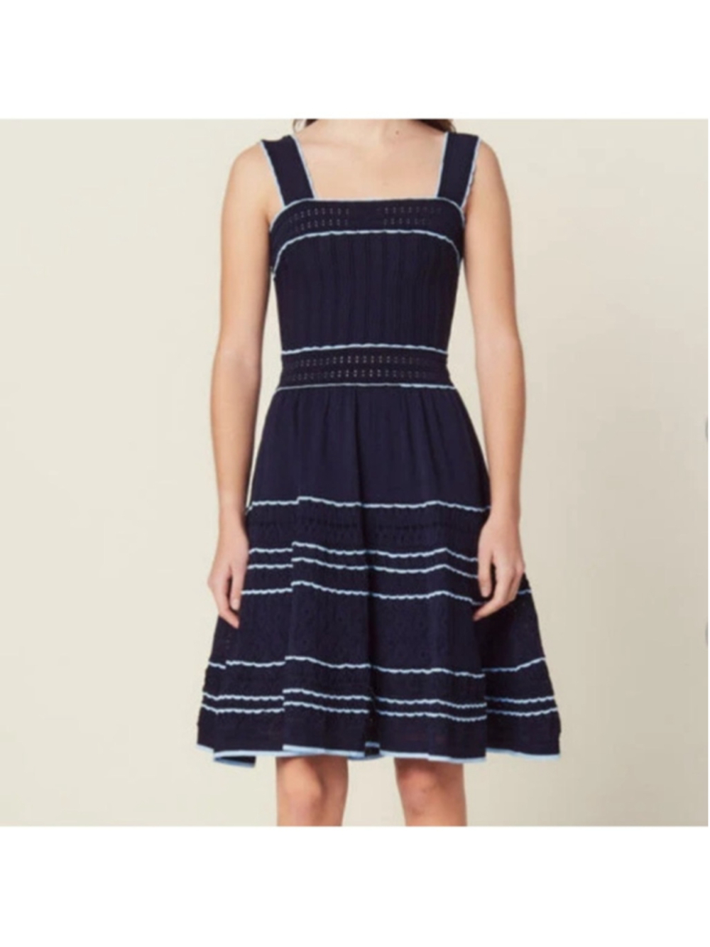 Sandro Paris Pointelle-Knit Fit-and-Flare Dress Navy Blue Contrast Trim Sz 38